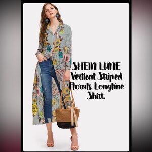 🌸🌸SHEIN LUNE Vertical Striped Floral Longline Shirt-NWOT🌸🌸